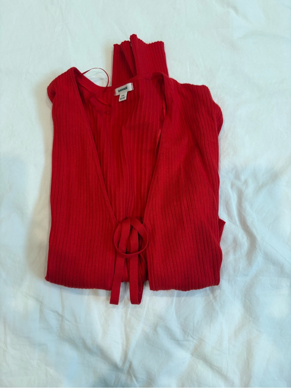 Garage Red Ribbed Tie-Front Cardigan